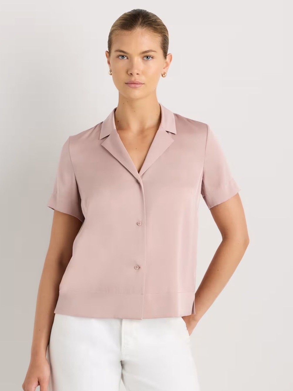 Quince Navy Striped Washable Stretch Silk Short Sleeve Notch Collar Blouse (NWT) - Picture 4 of 4